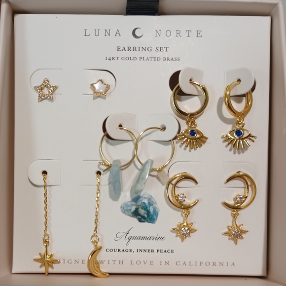 5 PAIRS OF EARRINGS BY LUNA NORTE GOLD PLATED AQUAMARINE GEMSTONES BRAND NEW - Picture 9 of 11